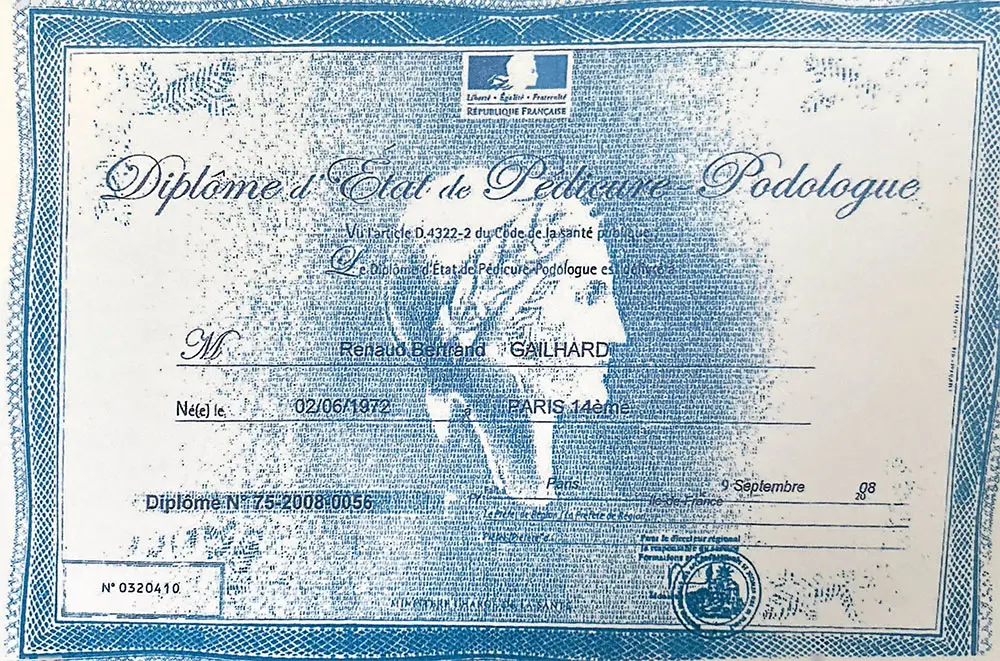 Diplôme d’État de pédicure-podologue attribué à Renaud Gailhard