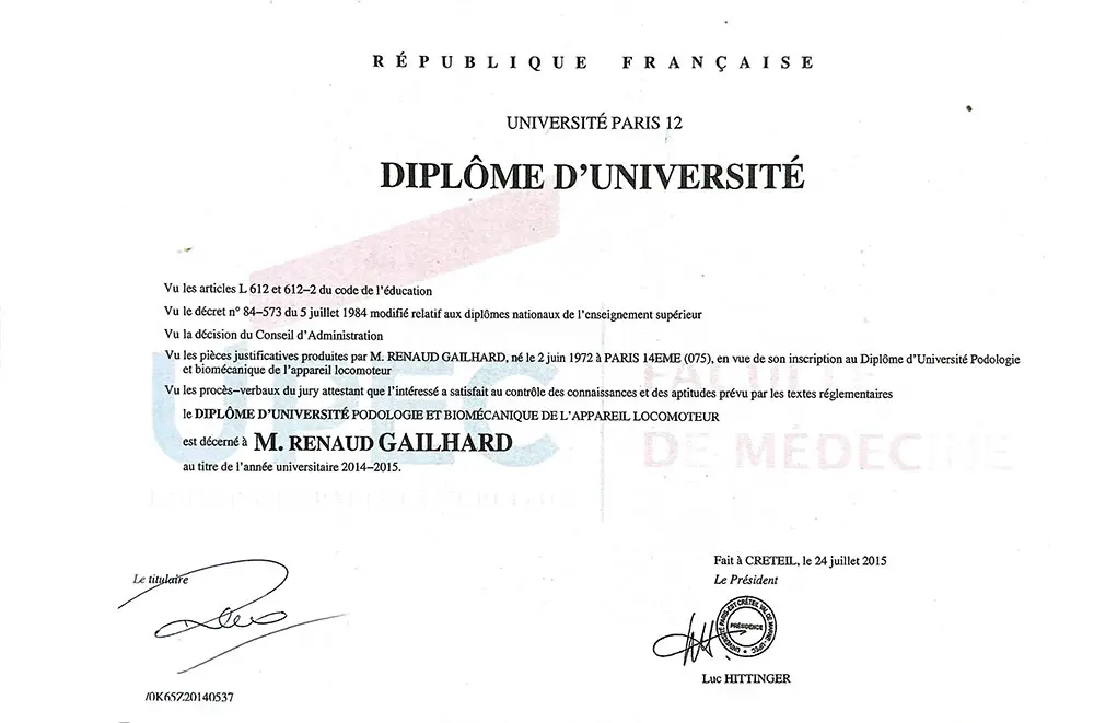 Diplôme universitaire de podologie et biomécanique de l’appareil locomoteur de Renaud Gailhard