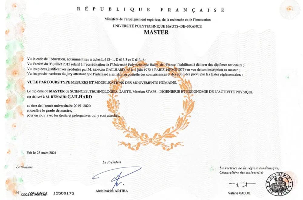 Master 2 STAPS en mesures et modélisation des mouvements humains obtenu par Renaud Gailhard